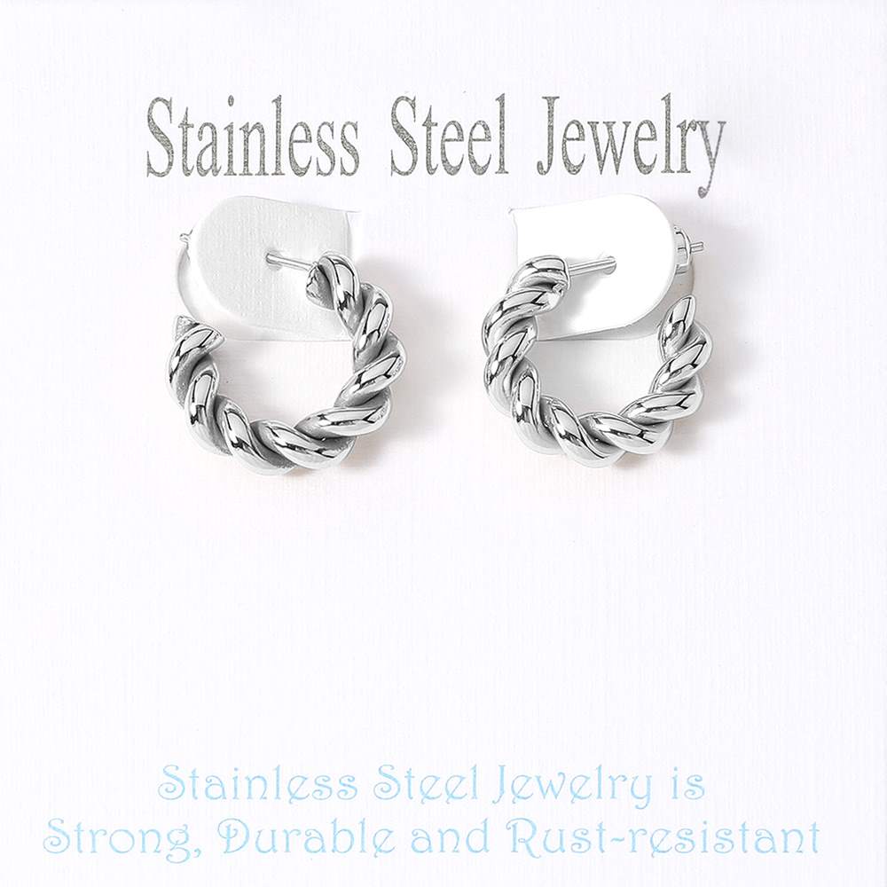 Rhodium Stainless steel twisted mini hoop earrings are a stylish addition to any outfit. Made with durable stainless steel, they are perfect for everyday wear and have a unique twisted design for a modern touch. Add these to your earring collection for a sleek and sophisticated look.
