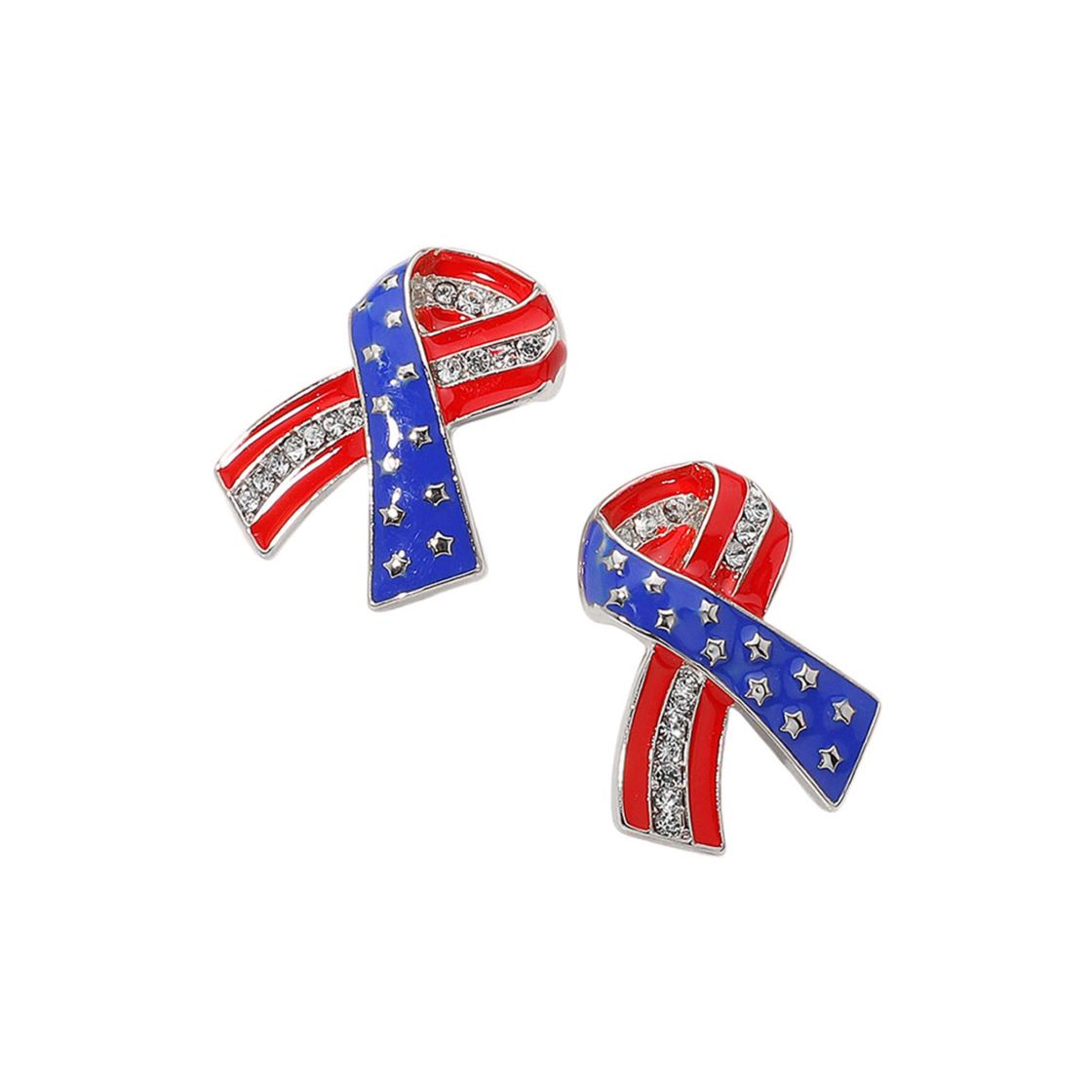 Rhodium Patriotic ribbon stud earrings with sparkling detail, ideal for national celebrations, themed events, or showcasing American pride in style. Lightweight and festive.