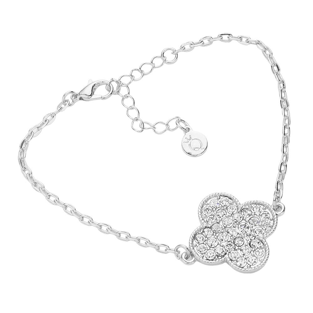 Stone Paved Quatrefoil Pointed Bracelet - Rhodium - Bracelets