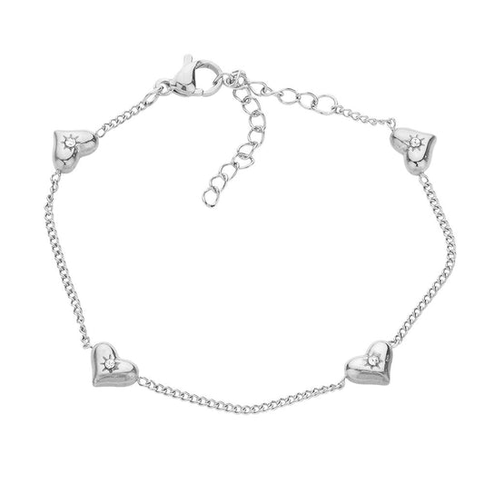Rhodium Stone Pointed Heart Pendant Station Bracelet is expertly crafted with a delicate design for a chic and sophisticated look. Made with a stone pointed heart pendant and stationed on a bracelet, this piece exudes elegance and charm. Perfect for any occasion, it adds a touch of refinement to any outfit.