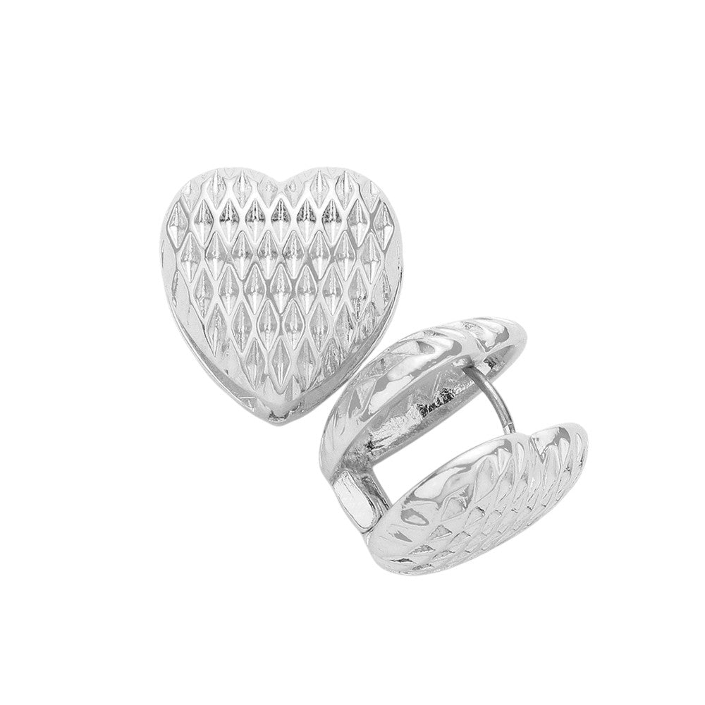 Textured Heart Metal Huggie Earrings - Rhodium - Earrings