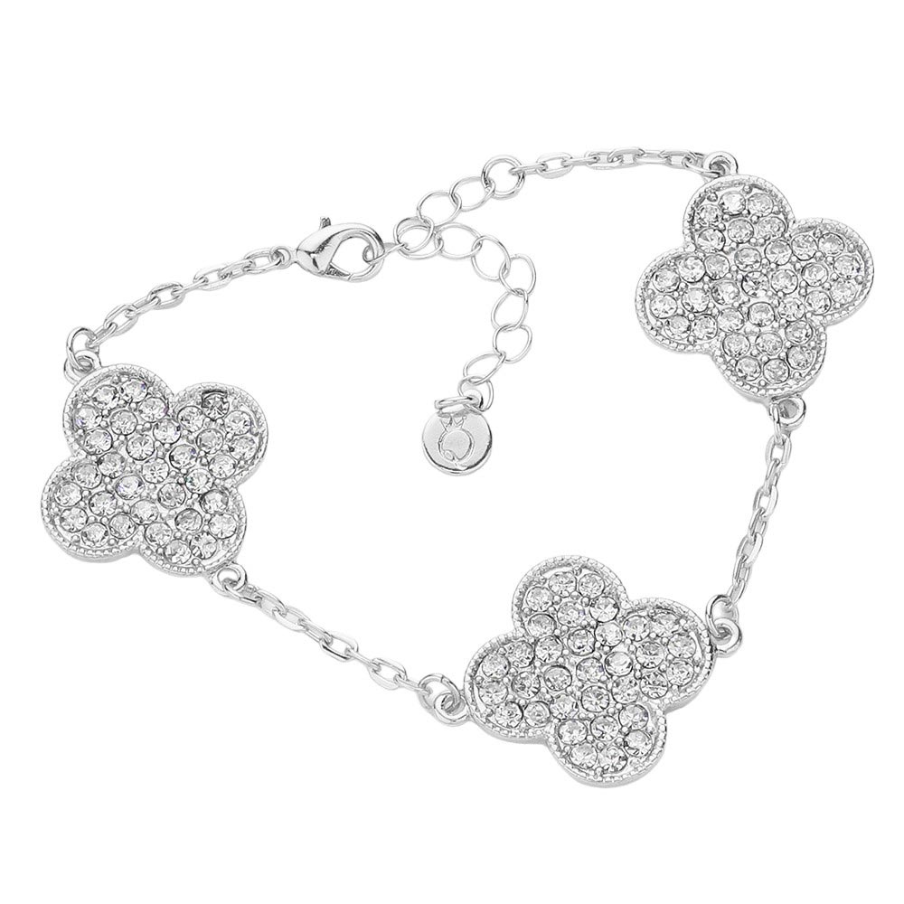 Triple Stone Paved Quatrefoil Link Bracelet - Rhodium - Bracelets
