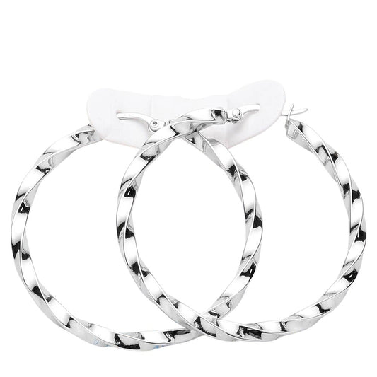 Rhodium Twisted Stainless Steel Hoop Pin Catch Earrings offer a unique twist on a classic design. The stainless steel material provides durability and a modern look, while the pin catch closure ensures secure wear. Elevate any outfit with these stylish and versatile earrings.
