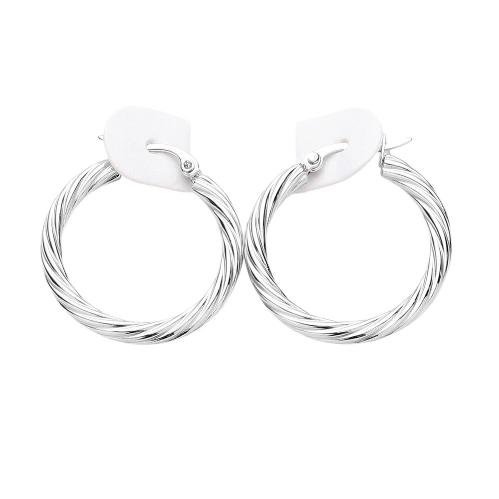 Twisted Stainless Steel Hoop Pin Catch Earrings - Silver - Earrings