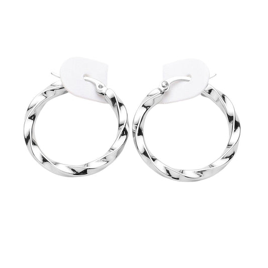 Rhodium Twisted Stainless Steel Hoop Pin Catch Earrings are both stylish and functional. The unique twisted design adds a modern touch to any outfit, while the pin catch ensures a secure fit. Made of durable stainless steel, they are long-lasting and hypoallergenic for comfortable wear.