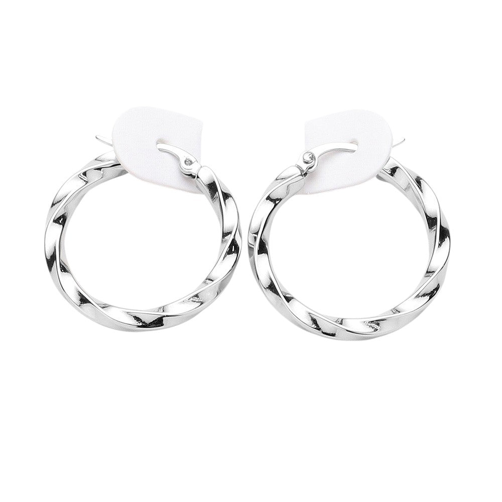 Twisted Stainless Steel Hoop Pin Catch Earrings - Silver - Earrings
