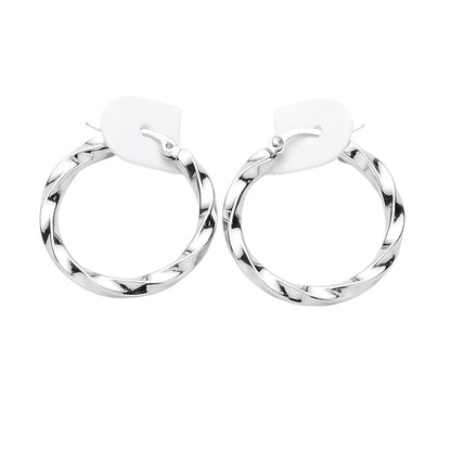 Twisted Stainless Steel Hoop Pin Catch Earrings - Silver - Earrings