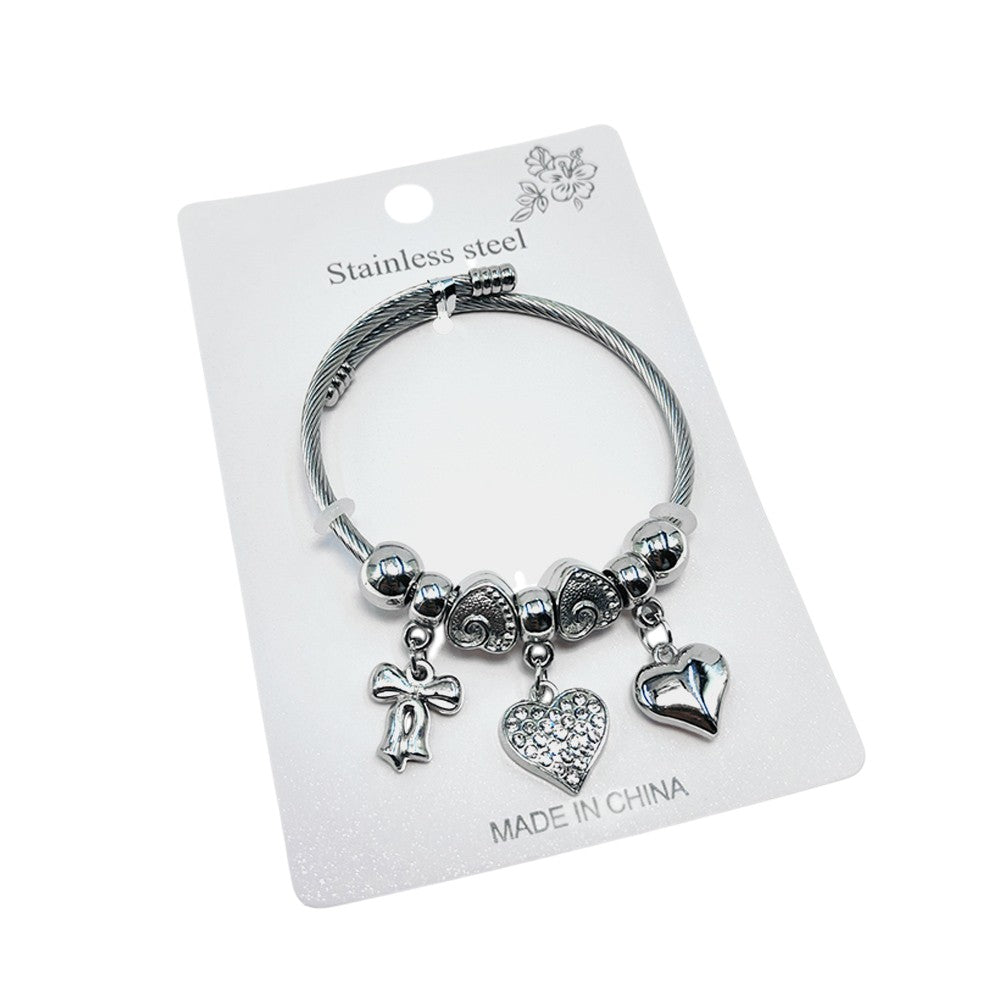 Rhodium 12PCS - Stainless Steel Cross Heart Charm Beaded Adjustable Bracelets feature a charming cross and heart design, adorned with beads for a unique touch. Each bracelet is adjustable for a comfortable fit. Enhance any outfit with this elegant and versatile accessory.