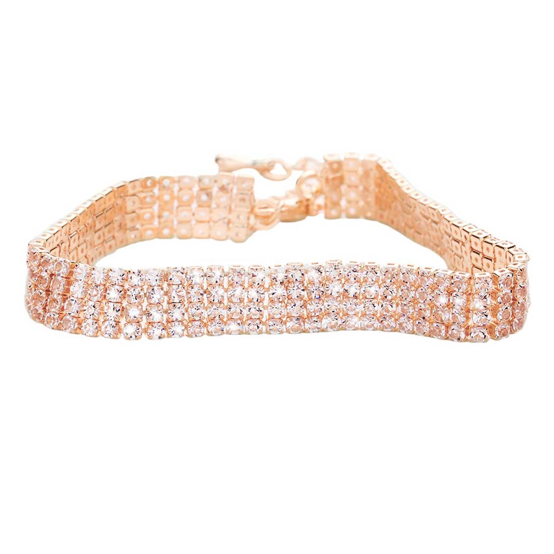 Rose Gold 4 Row Crystal Rhinestone Embellished Tennis Evening Bracelet, These gorgeous Crystal Rhinestone pieces will show your class on any special occasion. These bracelets are perfect for any event whether formal or casual or for going to a party or special occasion. The perfect gift for a birthday, Party, Christmas, etc.