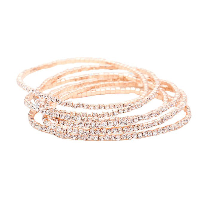 Rose Gold 6PCS - Rhinestone Multi Layered Stretch Evening Bracelets, Perfect for a formal event or adding some glam to your everyday look. The sparkling rhinestones will catch the light and make you shine! Get ready to turn heads and feel confident with each wear. The ideal choice for making a lovely gift to your loved ones.