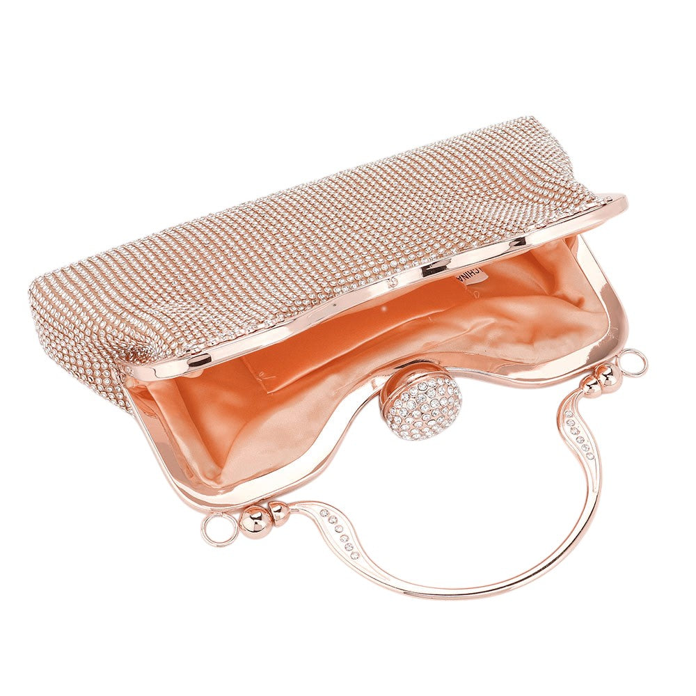 Rose Gold Bling Rhinestone Mesh Top Handle Evening Bag Crossbody Bag exudes elegance and glamour. The sparkling rhinestone mesh adds a touch of luxury to any outfit. Its top handle and detachable crossbody strap provide versatility and convenience. Perfect for special occasions, this bag is sure to make a statement.