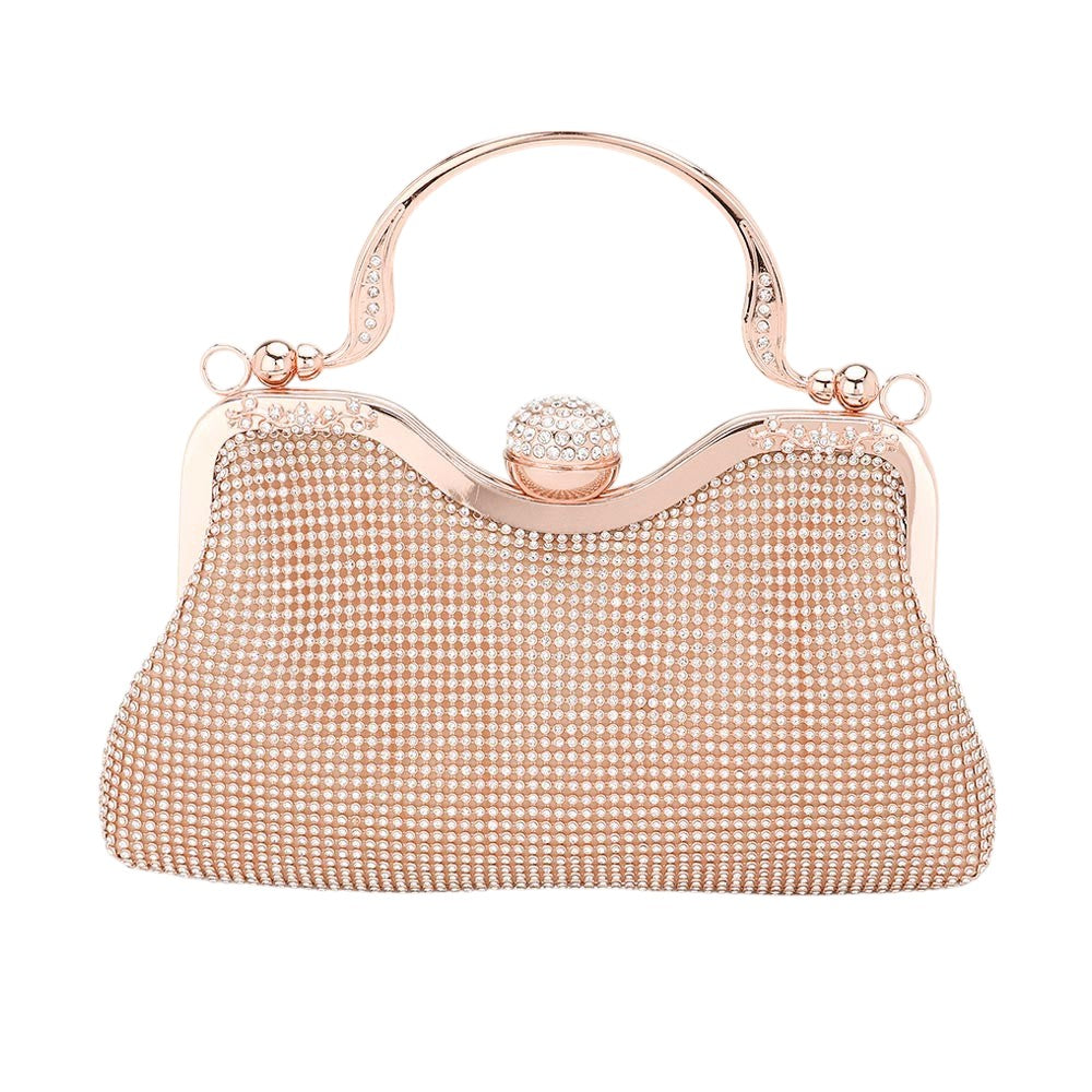 Rose Gold Bling Rhinestone Mesh Top Handle Evening Bag Crossbody Bag exudes elegance and glamour. The sparkling rhinestone mesh adds a touch of luxury to any outfit. Its top handle and detachable crossbody strap provide versatility and convenience. Perfect for special occasions, this bag is sure to make a statement.