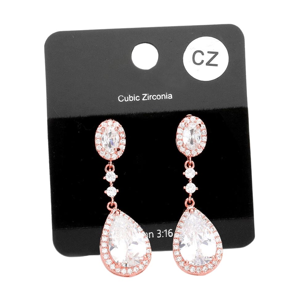 Rose Gold CZ Teardrop Accented Evening Earrings, enhance your attire with these vibrant beautiful cz teardrop evening earrings to dress up or down your look on special occasions. These beautifully unique designed earrings with beautiful colors are suitable as gifts for wives, lovers, special occasions, anniversaries, etc.