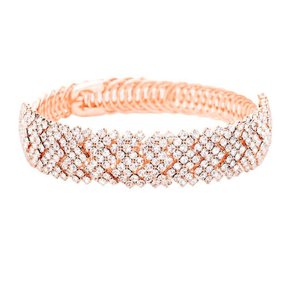Rose Gold Rhinestone Pave Adjustable Evening Bracelet, this chick bracelet features a classic design with sparkling rhinestone pave, perfect for formal occasions. The adjustable band allows for the perfect fit and can be easily adjusted for a comfortable wear. An elegant addition to any formal wardrobe.