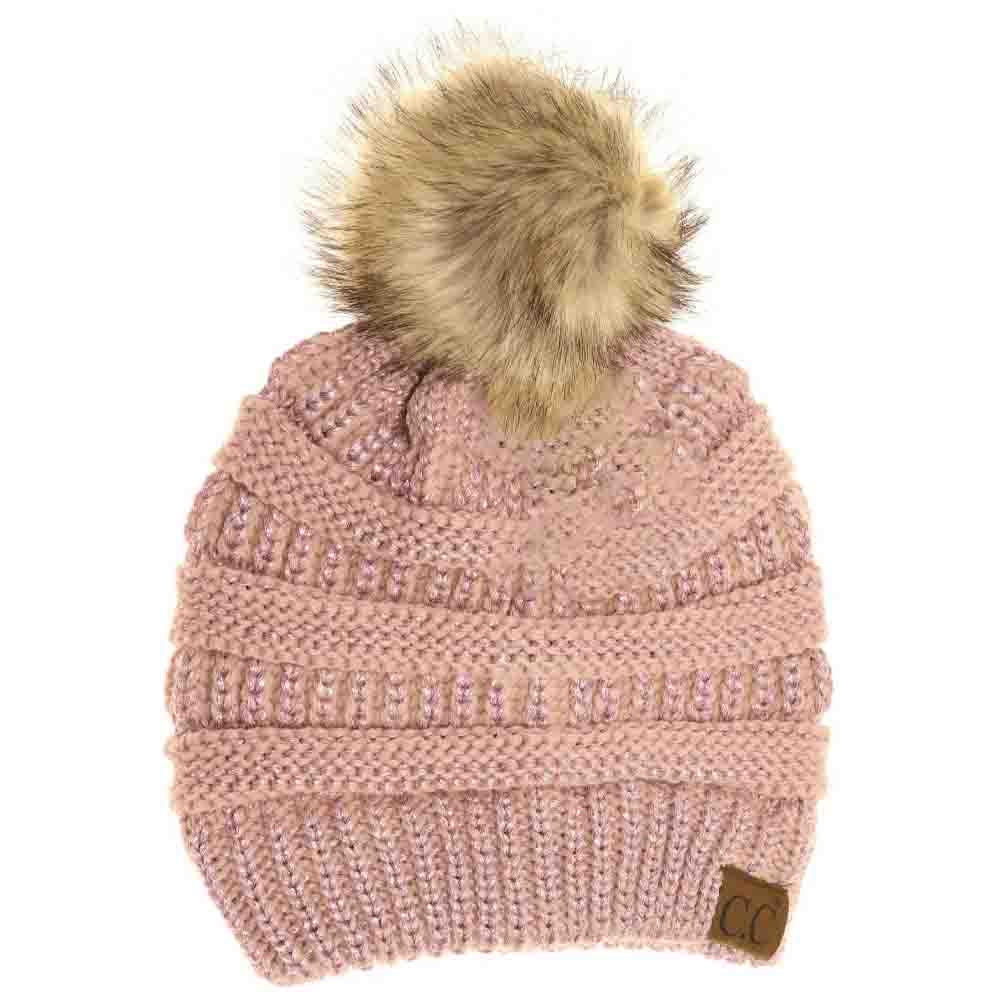 Rose Metallic Fur Pom CC Beanie combines premium craftsmanship with modern aesthetics, featuring a metallic-threaded knit that adds subtle shimmer and a high-quality faux fur pom for a refined finish. Engineered to provide superior warmth and comfort, this beanie ensures a snug fit and durability, making it an essential accessory for cold-weather attire that balances functionality with sophisticated style. 