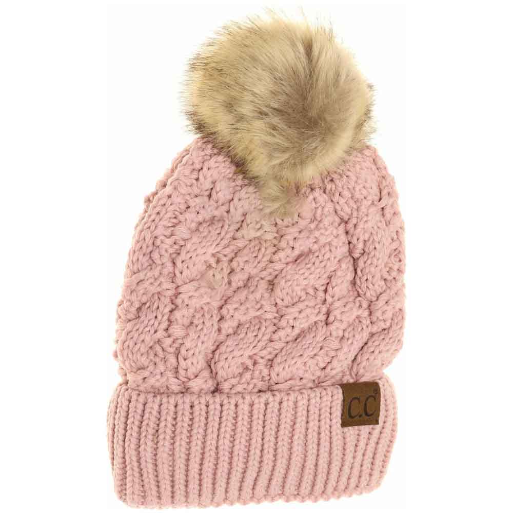 Rose  Ribbed Cable Knit Fur Pom Beanie combines classic cable knit craftsmanship with a contemporary ribbed texture for enhanced flexibility and fit. Crafted to provide warmth without compromising breathability, this beanie features a soft fur pompom for a stylish accent. Its structured design ensures lasting comfort, making it an ideal accessory for cold weather while maintaining a polished, sophisticated look. 