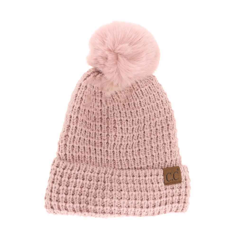 Rose C.C Waffle Knit Pattern Cuff Pom Pom Beanie Hat, Stay warm in style with this. Made from a warm and cozy waffle knit pattern with a fashionable cuff and a pom pom on top, this beanie hat is sure to keep you warm in any weather and make you stand out in the crowd. Perfect winter gift idea. 