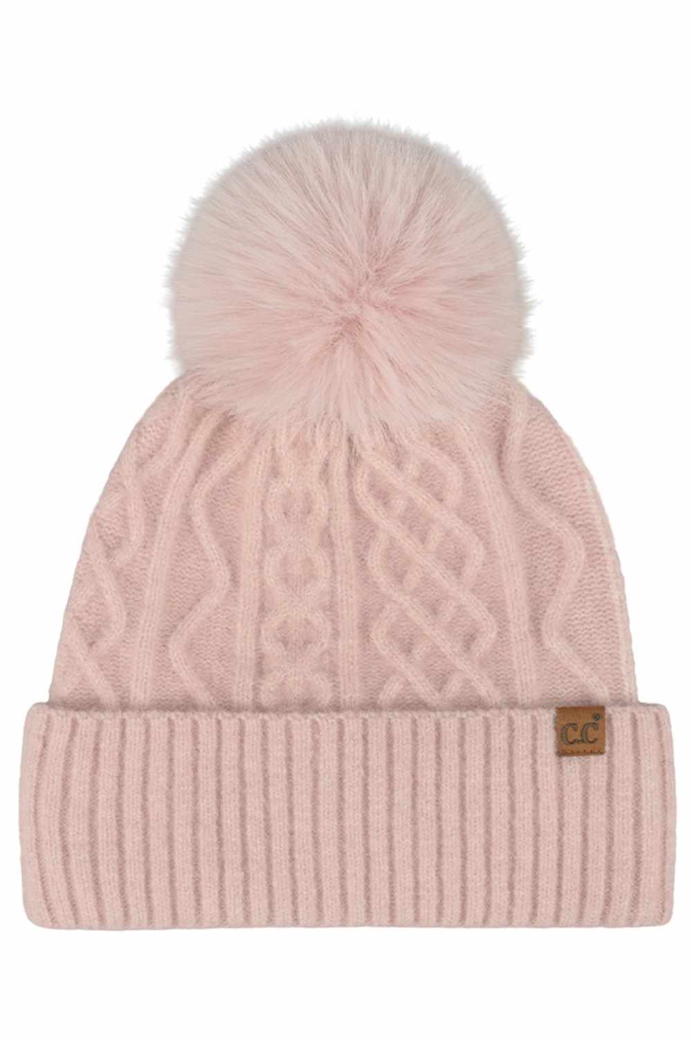 Rose C.C Cable Knit Pattern Pom and Cuff Solid Beanie Winter Hat features a classic cable-knit texture topped with a fluffy pom for a cozy, timeless winter look. Finished with a soft cuff and stretch fit, it delivers all-day warmth and comfort while adding effortless style to cold-weather outfits.