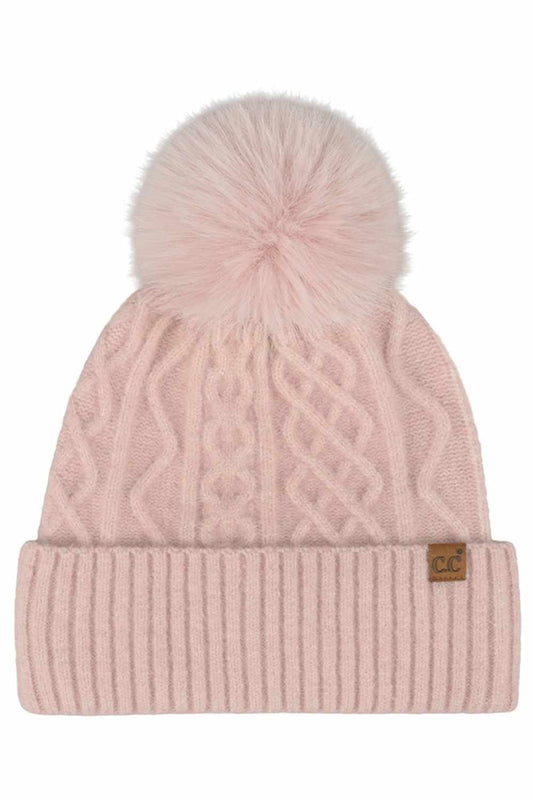 Rose C.C Cable Knit Pattern Pom and Cuff Solid Beanie Winter Hat features a classic cable-knit texture topped with a fluffy pom for a cozy, timeless winter look. Finished with a soft cuff and stretch fit, it delivers all-day warmth and comfort while adding effortless style to cold-weather outfits.