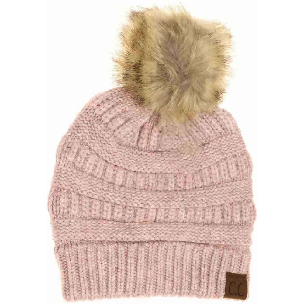 Mixed Soft Yarn Natural Pom C.C Beanie - Rose - Beanies