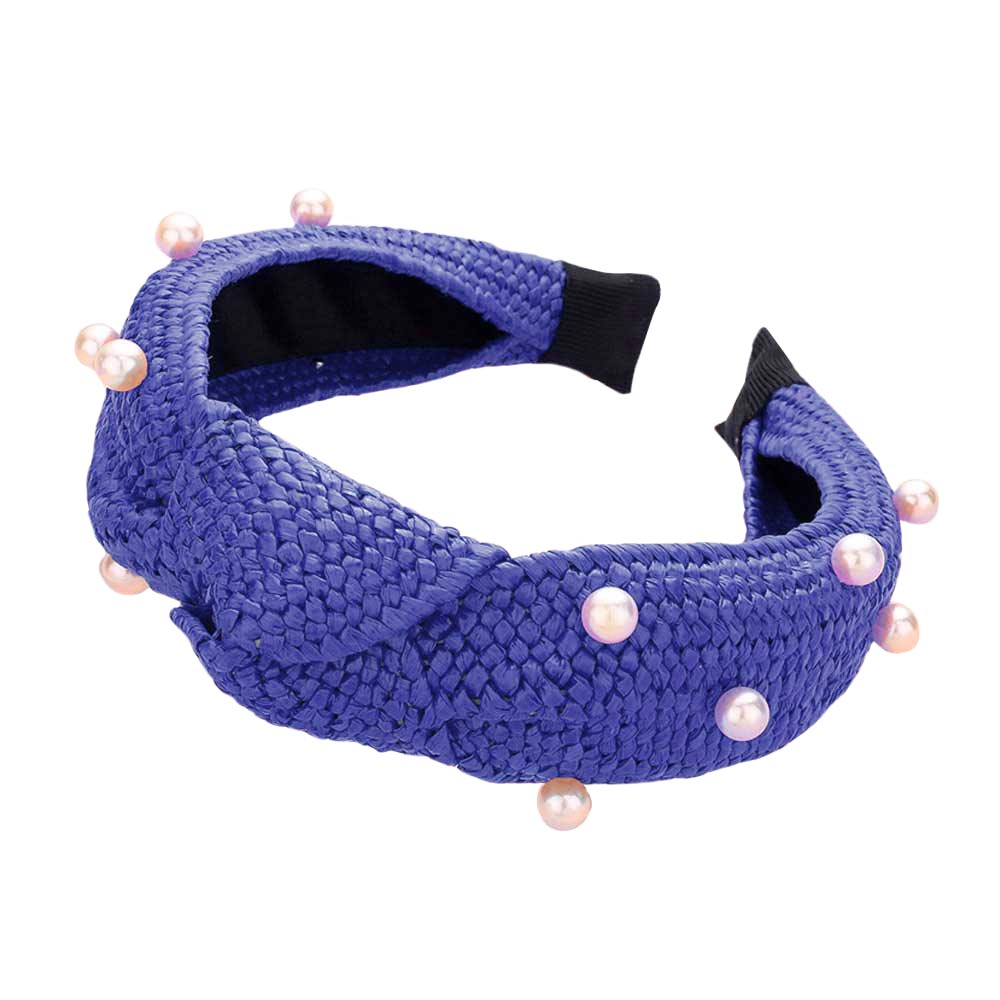 Royal Blue Pearl Embellished Straw Knot Burnout Headband, create a beautiful look while perfectly matching your color with the easy-to-use straw knot burnout headband. Push your hair back and spice up any plain outfit with this straw knot burnout headband!