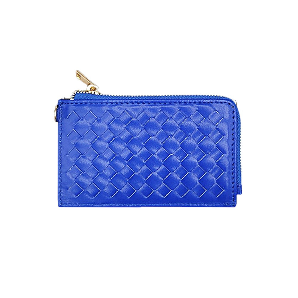 Faux Leather Basket Weave Flat Card Holder Wallet with Wristlet - Royal Blue - Wallets