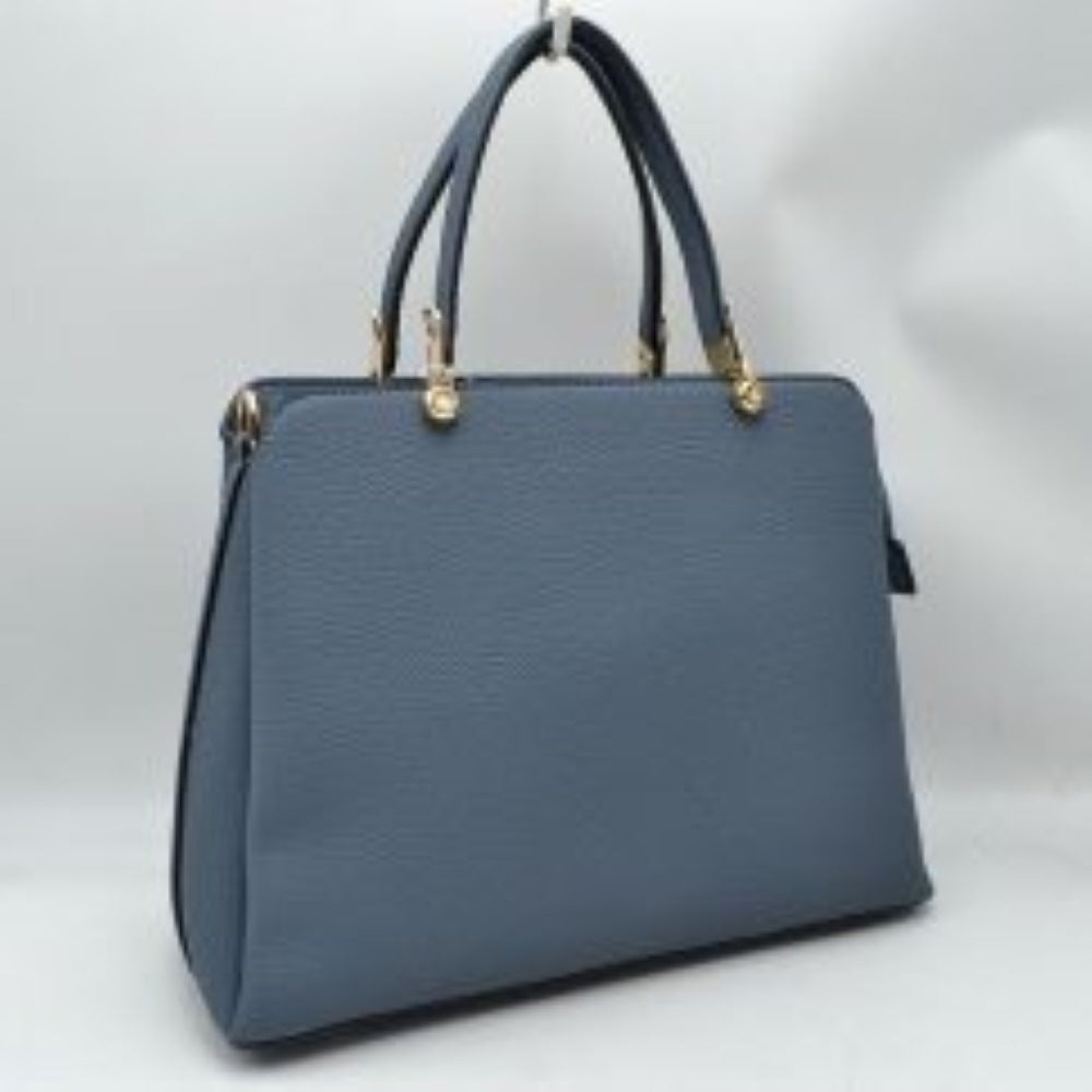 Royal Blue This structured handbag is designed for everyday use, featuring dual arched top handles attached with round metallic hardware. The design includes multiple storage compartments to organize your belongings, featuring a central zippered closure alongside separate side compartments.