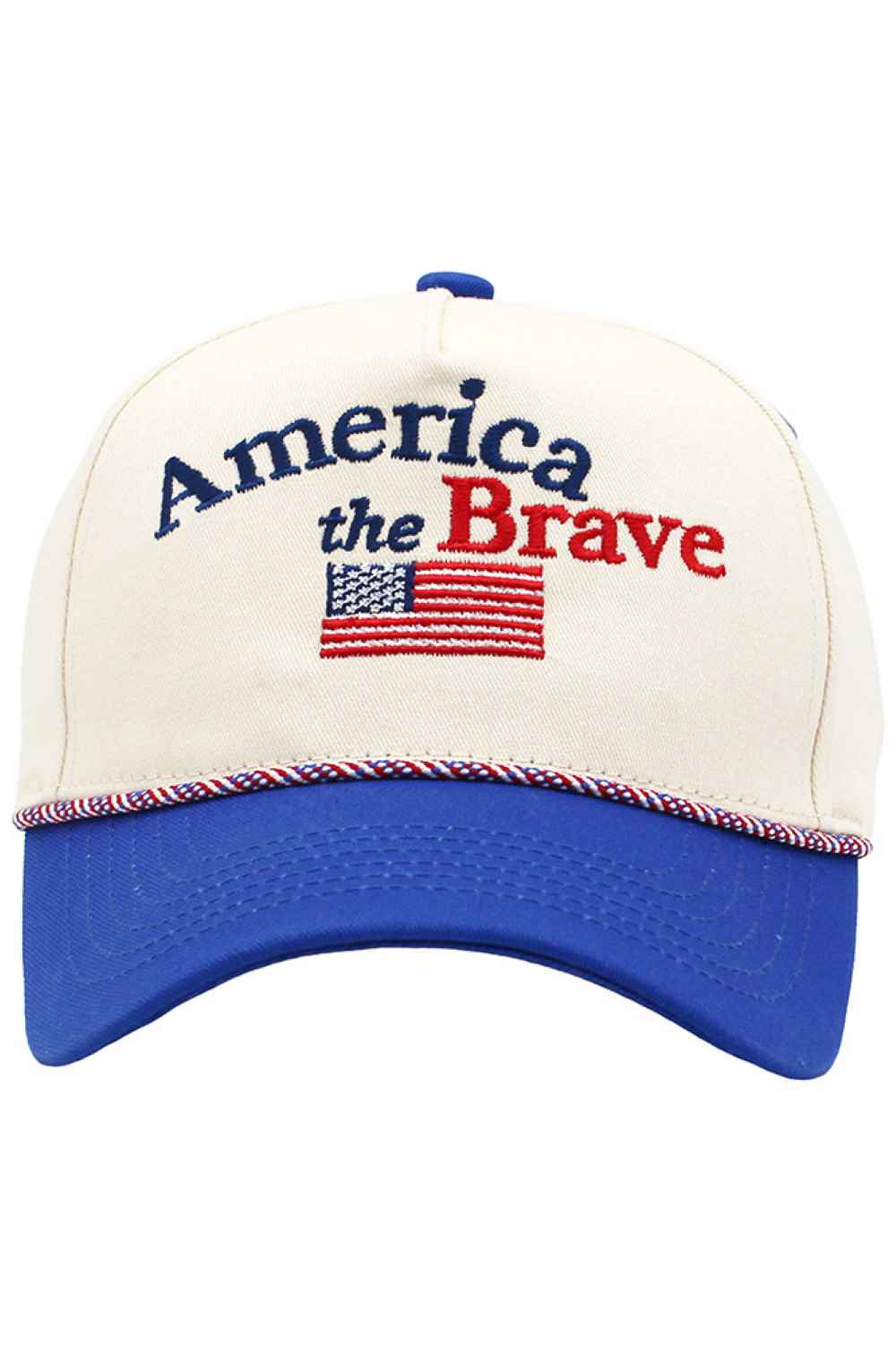 Royal Blue Classic baseball cap featuring bold "AMERICA THE BRAVE" embroidery with patriotic flag-inspired color blocking. Constructed from 100% cotton for breathable comfort and durability. Adjustable rope back closure ensures a secure, customizable fit for most head sizes. Perfect for everyday wear, outdoor activities, or showing your patriotic spirit. Lightweight and versatile pairs effortlessly with casual outfits.