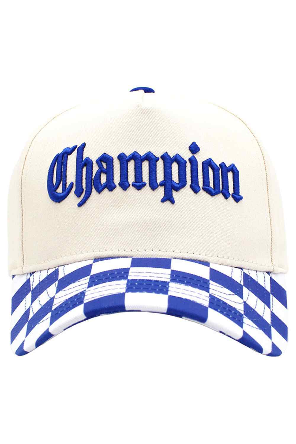 Royal Blue Classic baseball cap featuring the iconic CHAMPION embroidered letter on the front. The checkered brim adds a distinctive touch to this timeless style. Crafted from 100% cotton for breathability and comfort, perfect for everyday wear or outdoor activities. One size fits most. A versatile accessory that pairs effortlessly with casual outfits.
