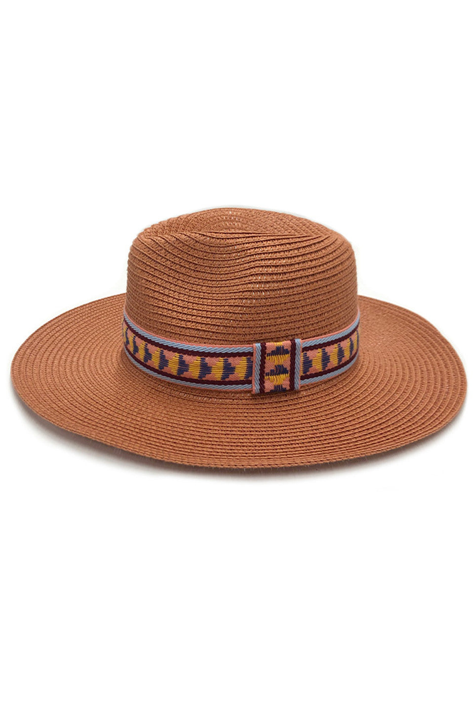 Rust Multi Color Aztec Band Panama Hat combines traditional weaving techniques with contemporary design elements. The distinctive Aztec pattern band showcases vibrant hues against the classic Panama silhouette, creating a statement accessory with ethnographic influence. The lightweight, breathable construction offers UPF protection while maintaining proper ventilation—ideal for discerning customers seeking both functionality and distinctive style in their summer headwear collection. 
