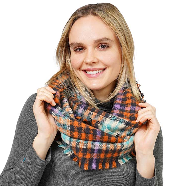 Rust Plaid Check Patterned Infinity Scarf, delicate, warm, on-trend & fabulous, a luxe addition to any cold-weather ensemble. This scarf combines great fall style with comfort and warmth. It's a perfect weight and can be worn to complement your outfit. Perfect gift for birthdays, holidays, or any occasion.