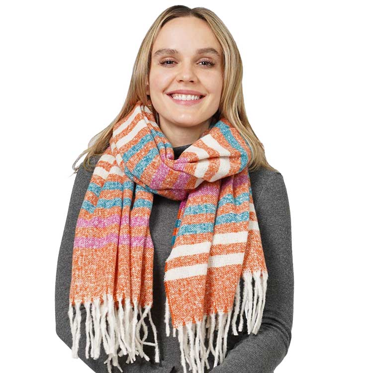 Rust Striped Fringe Scarf, is delicate, warm, on-trend & fabulous, and a luxe addition to any cold-weather ensemble. This striped fringe scarf combines great fall style with comfort and warmth. It's a perfect weight and can be worn to complement your outfit. Perfect gift for birthdays, holidays, or any occasion.