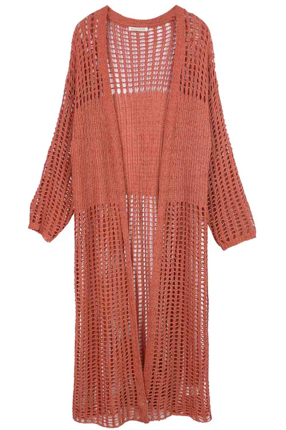 Rust Effortless layering meets textured style with this chest-blocked crochet long cardigan. Crafted from soft, durable acrylic, it features an open front design perfect for pairing over your favorite pieces. The relaxed fit and intricate crochet detailing add visual interest to any outfit. Generously sized at 43.7" x 20.5", it drapes beautifully for a comfortable, flattering silhouette. An easy-care essential that transitions seamlessly from season to season.