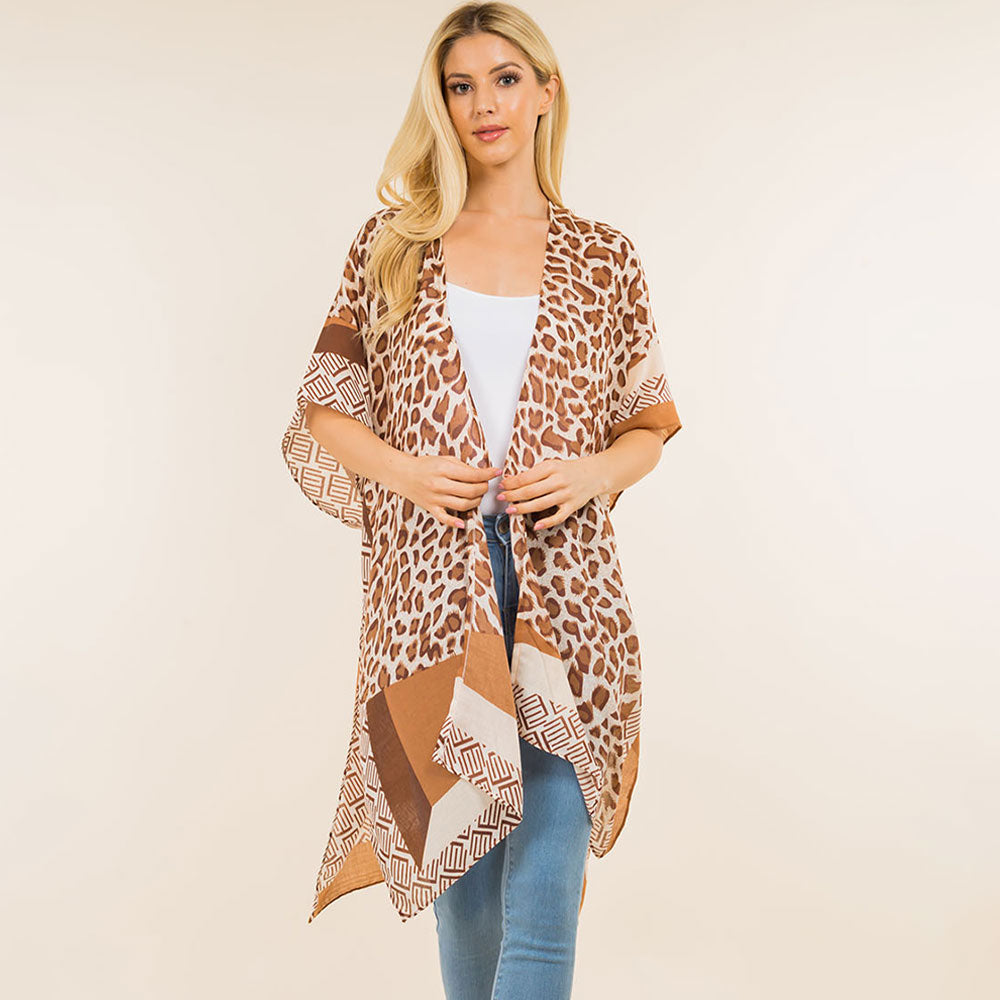 Madeline Love Brown Lightweight Leopard Print Open Front Kimono Poncho - Jewelry