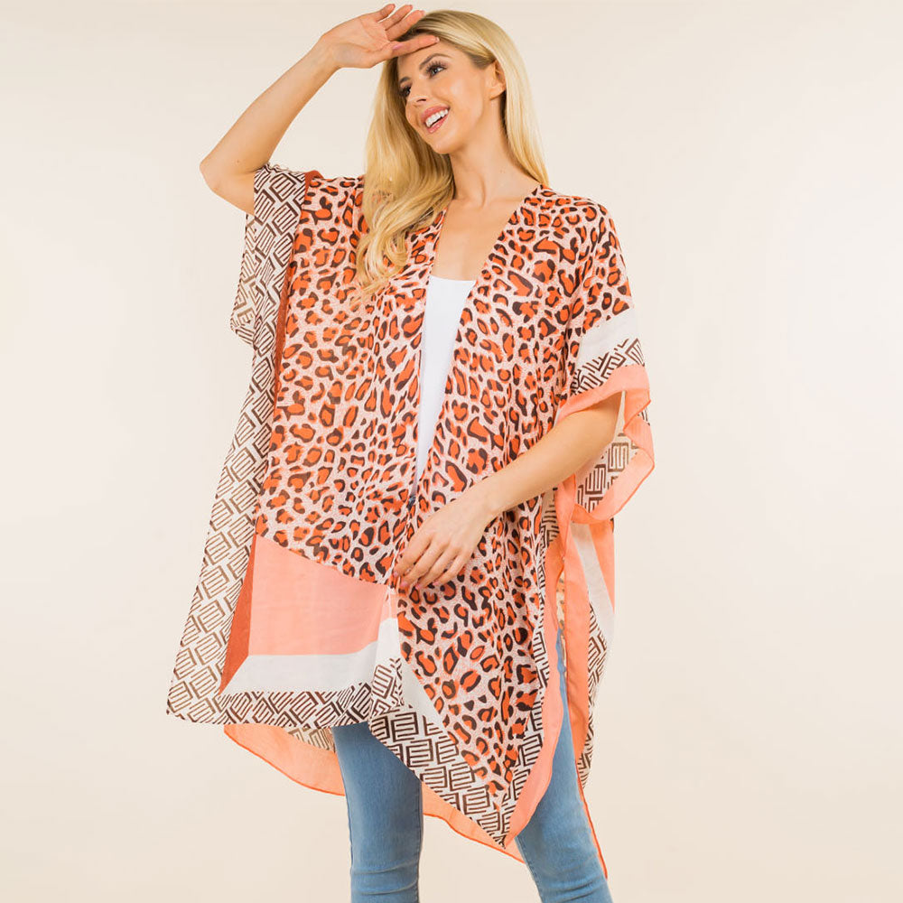 Madeline Love Peach Lightweight Leopard Print Open Front Kimono Poncho - Jewelry