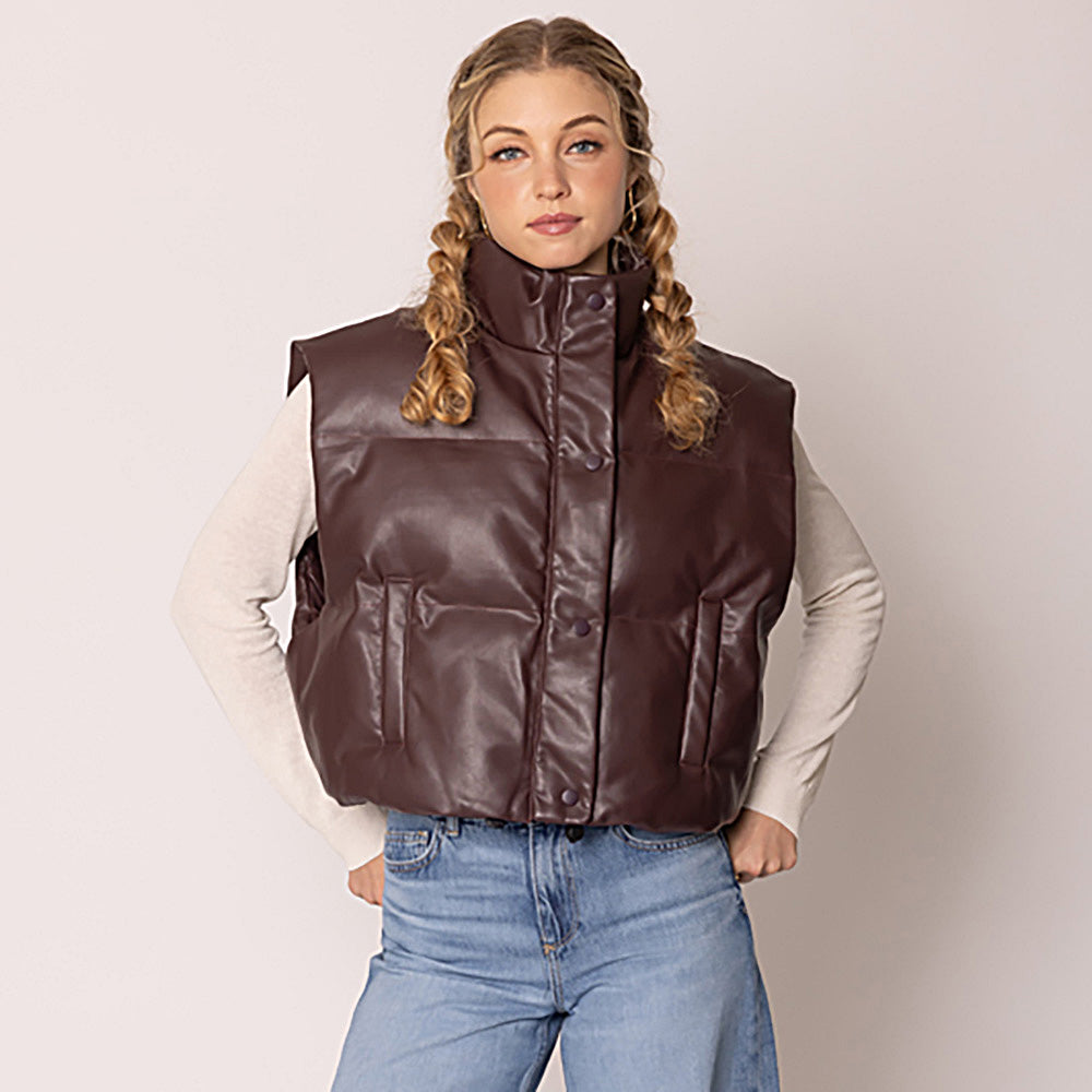 Burgundy Faux Leather Padded Vest