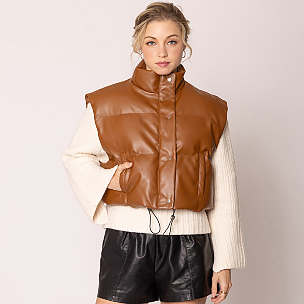 Camel Faux Leather Padded Vest