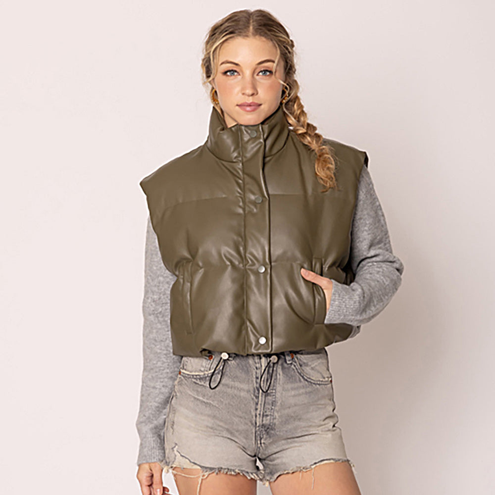 Olive Green Faux Leather Padded Vest