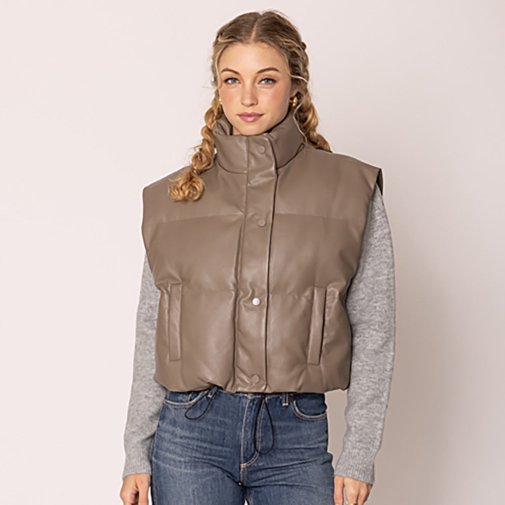 Taupe Faux Leather Padded Vest