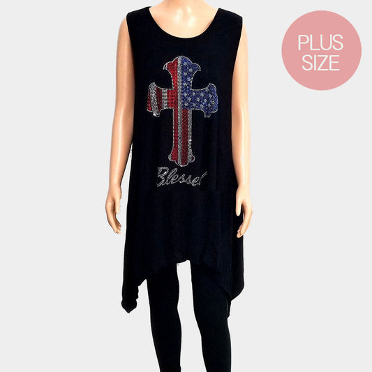 Madeline Love Black, Multi Blessed Cross Crystal Embellished Plus Size Sleeveless Top - Jewelry