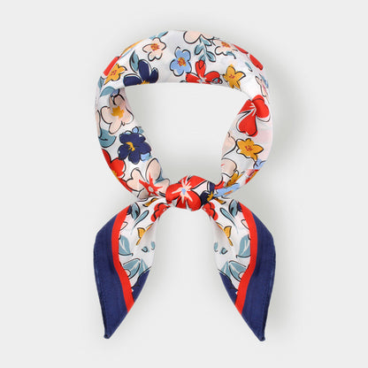 Madeline Love Navy Flower Drawing Printed Square Silky Satin Bandana Scarf - Scarves & Wraps