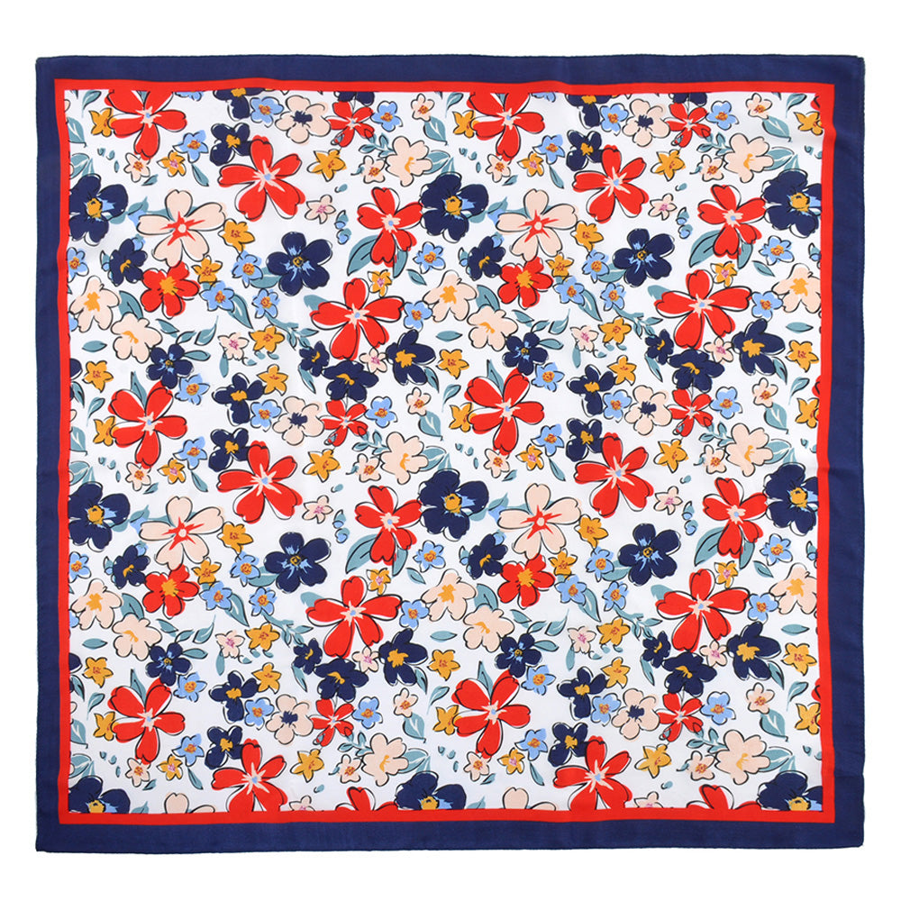Madeline Love Navy Flower Drawing Printed Square Silky Satin Bandana Scarf - Scarves & Wraps - desc