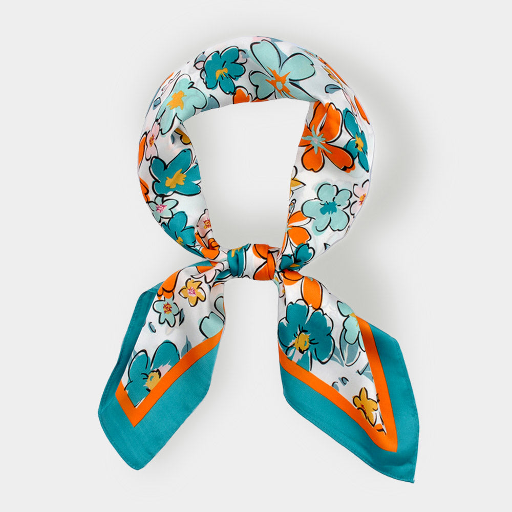 Madeline Love Teal Flower Drawing Printed Square Silky Satin Bandana Scarf - Scarves & Wraps