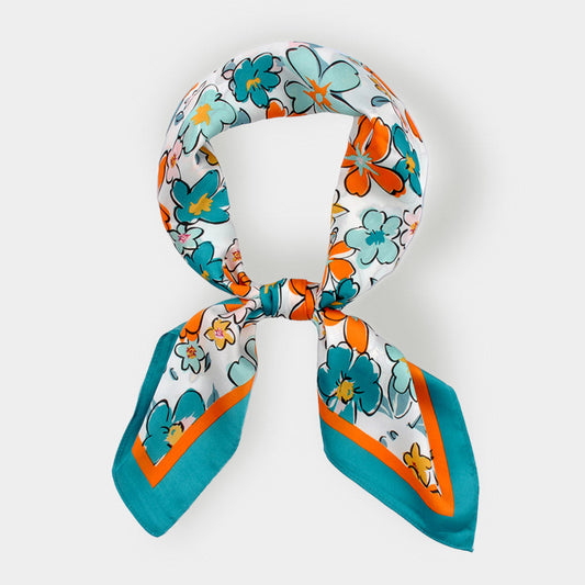Madeline Love Teal Flower Drawing Printed Square Silky Satin Bandana Scarf - Scarves & Wraps