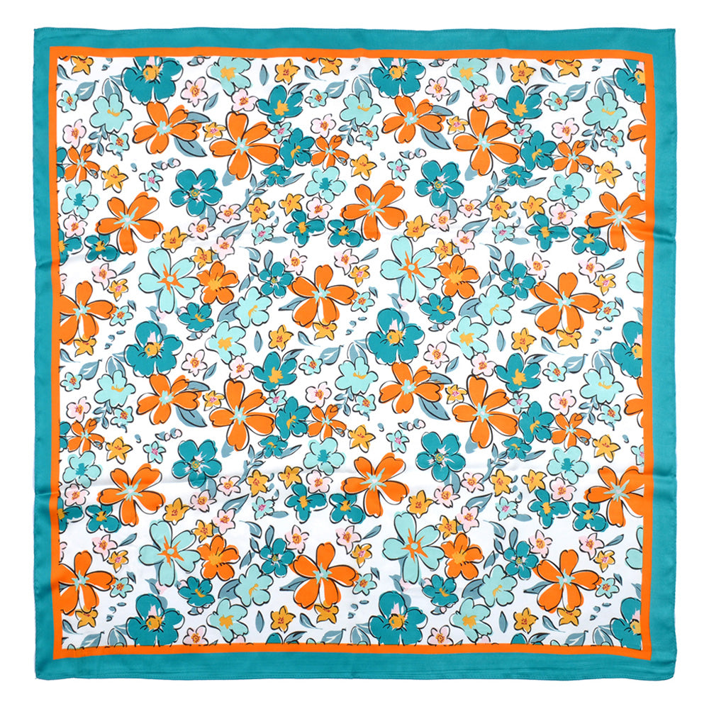 Madeline Love Teal Flower Drawing Printed Square Silky Satin Bandana Scarf - Scarves & Wraps - desc