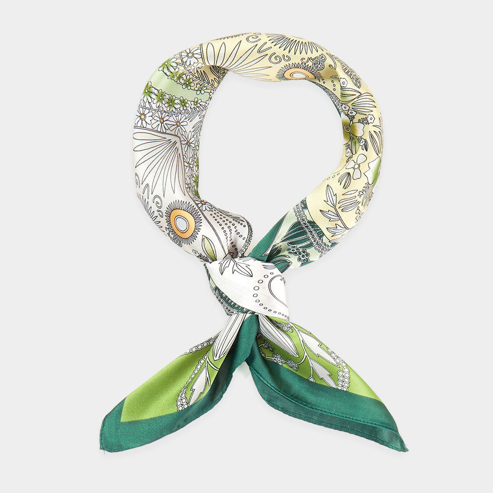 Madeline Love Olive Green Four-Leaf Clover And Flower Bandana Scarf - Scarves & Wraps