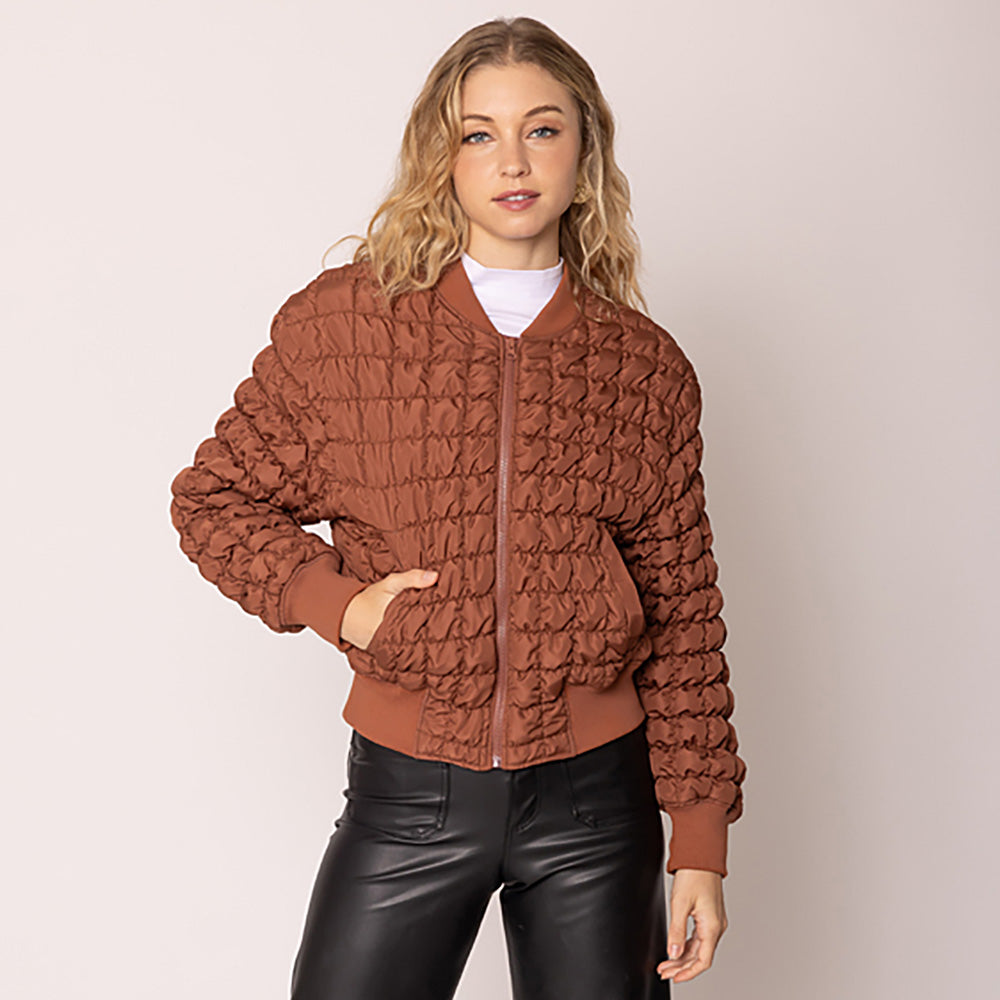 Brown Reversible Quilted Bomber Jacket