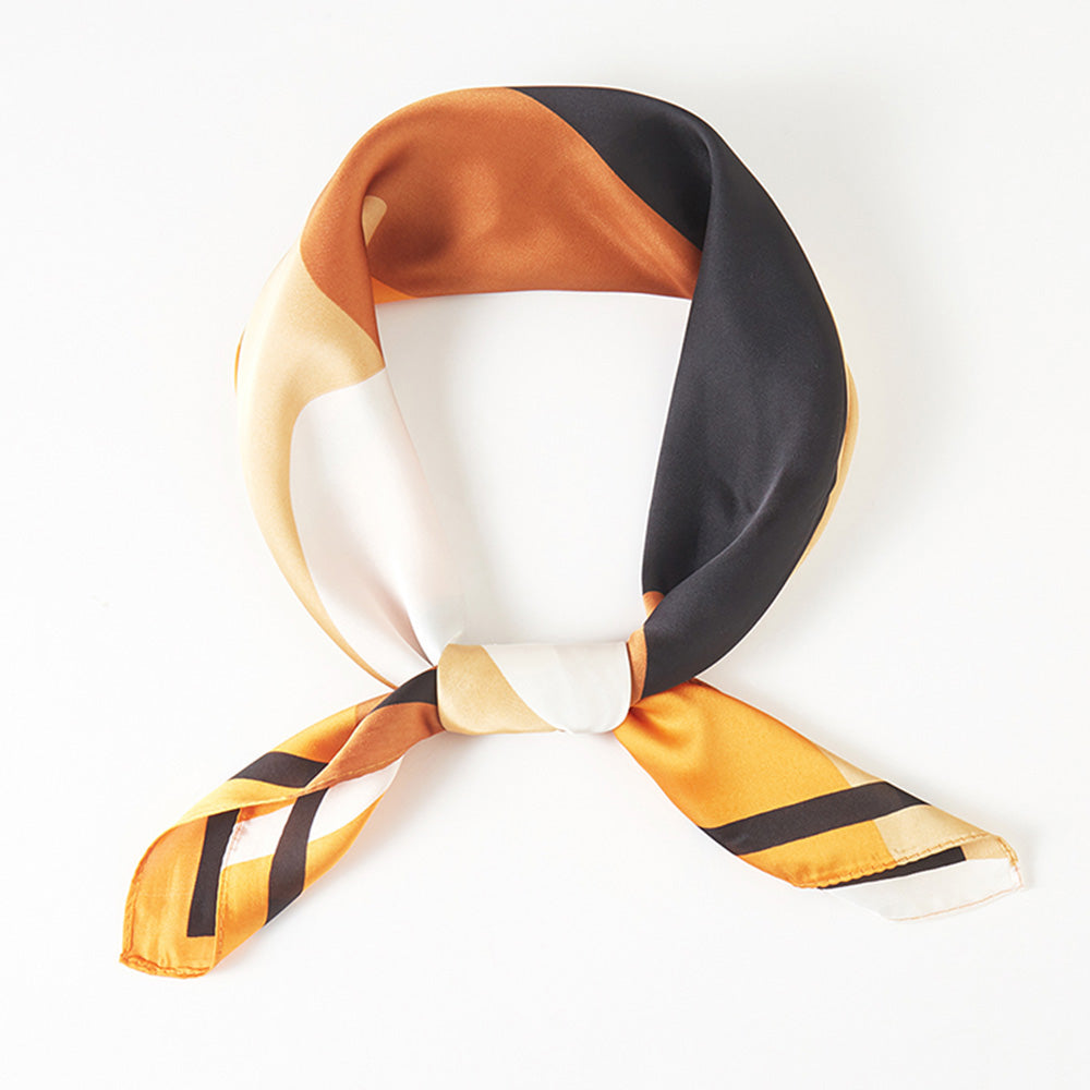 Madeline Love Brown Geometric Pattern Printed Square Silky Satin Bandana Scarf - Scarves & Wraps