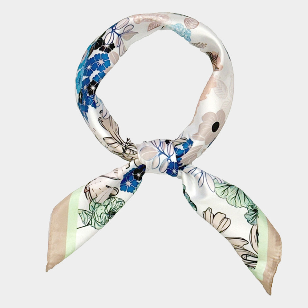 Madeline Love Beige Earthy Floral Garden Printed Square Silky Satin Scarf - Scarves & Wraps