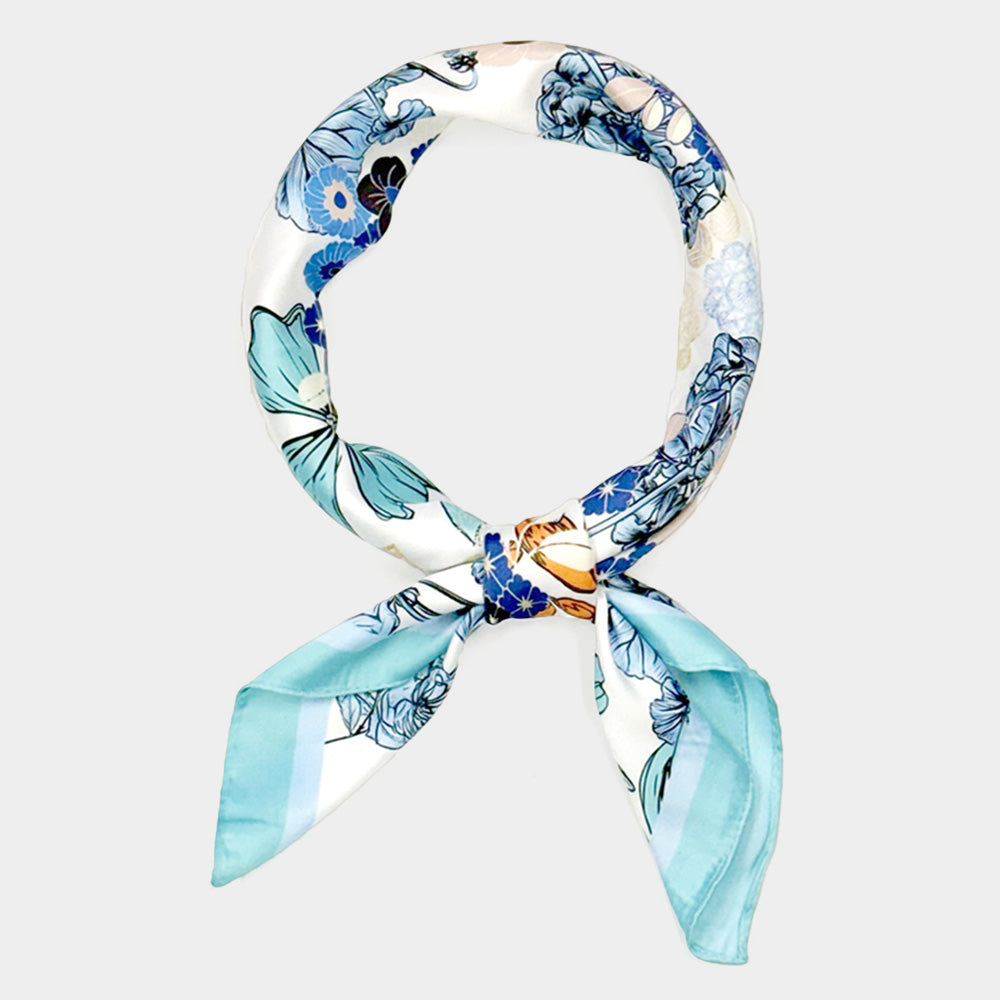 Madeline Love Blue Earthy Floral Garden Printed Square Silky Satin Scarf - Scarves & Wraps
